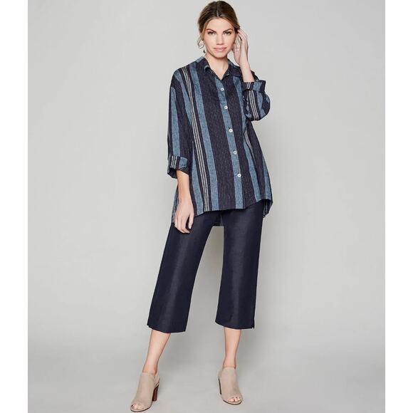 Bryn Walker Mirren Striped Linen Hi-Low Hem Button Down Shirt Large - Picture 1 of 8